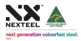 Logos of Nexteel, Australian Made and Owned, and Next Generation Colourfast Steel, representing quality materials for verandahs, patios, and other outdoor home improvements.